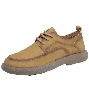Men’s Retro Casual Shoes Business Loafers Genuine Leather Thick Sole Rubber Outsole Round-Toe PU Walking Shoes