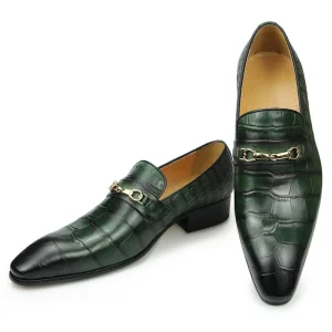 Men’s Retro Dress Shoes Pointed Toe Business Slip On Leather Loafers with Metal Buckle Closure