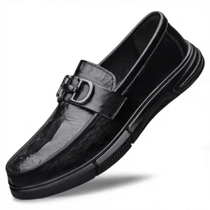 Men’s Round Head Loafers Grain Rubber Outsole Slip-On Business-Casual Shoes with Metal Decoration Breathable Non-Slip