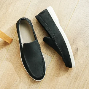 Men’s Round Head Suede Slip-On Loafers Moccasins with PVC Outsole Breathable Anti-Slip Summer Shoes