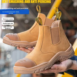 Men’s Safety Shoes Anti Smash Anti Puncture Cowhide Non Slip Comfortable Long Standing Slip On Work Shoes All Season