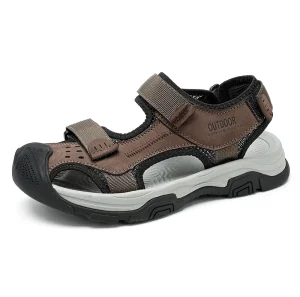 Men’s Sandals Outdoor Walking Hiking Beach Shoes Sport Cow Genuine Leather Anti collision Toe Cap Hook & Loop Covered Toe
