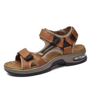 Men’s Sandals Outdoor Walking Hiking Beach Shoes Sport Cow Genuine Leather Hook & Loop Slip on Low top Handmade Open toe Casual
