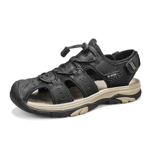 Men’s Sandals Outdoor Walking Hiking Beach Shoes Sport Leather Slip on Anti collision Toe Cap Hook & Loop Handmade Covered Toe