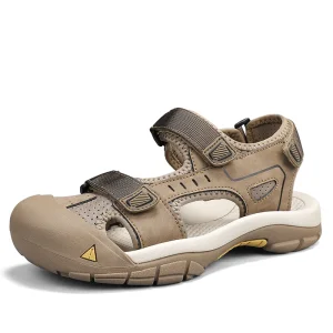 Men’s Sandals Outdoor Walking Hiking Beach Shoes Sport Leather Slip on Anti collision Toe Cap Hook & Loop Handmade Covered Toe