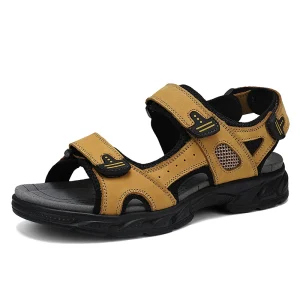 Men’s Sandals Outdoor Walking Hiking Beach Shoes Sport Leather Slip on Low top Hook & Loop Handmade Covered Toe Closed Toe