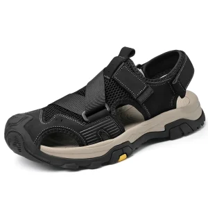 Men’s Sandals Outdoor Walking Hiking Beach Shoes Sport Leather Slip on Low top Hook & Loop Handmade Covered Toe Closed Toe