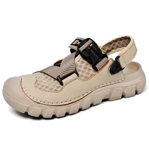 Men’s Sandals Outdoor Walking Hiking Beach Shoes Sport PU Leather Slip on Adjustable Buckle Summer Covered Toe Closed Toe