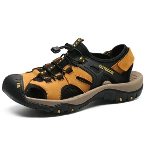 Men’s Sandals Outdoor Walking Hiking Beach Sport Lace up Cow Genuine Leather Slip on Low top Hollow Out Air Hole Closed Toe
