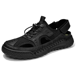 Men’s Sandals Walking Hiking Beach Shoes Fisherman Shoes Sport Slip on Hook & Loop Hollow Out Air Hole Mesh Handmade Covered Toe