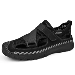 Men’s Sandals Walking Hiking Beach Shoes Sport Stretch Fabric Air Mesh Hook & Loop Handmade Fisherman Shoes Hollow Out Air Hole