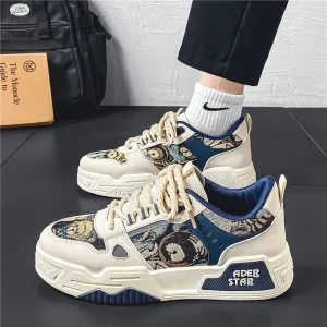 Men’s Shoes Summer Breathable Lace Up Rubber Outsole All Match Casual Design Niche Skateboard Shoes Teenagers Sports Thick Soled