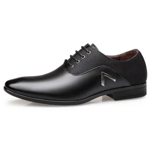 Men’s Simple Fashion Business Dress Leather Wedding Shoes Soft Breathable Loafers with Pointy Lace-Up and Heightening Insole