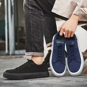 Men’s Skateboard Vulcanize Canvas Shoes EVA Midsole PVC Outsole Breathable Quick Dry Light Weight Lace Up Closure Blue Black