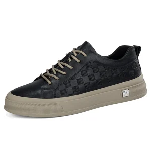 Men’s Skateboarding Shoes Sneakers Embossed Checkered Stripes Leather Lace up Flats Retro Handmade Lightweight Breathable