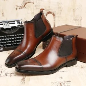 Men’s Sleeve Short Boots British Pointed Carved Genuine Leather Business Formal High Top Leather Shoes
