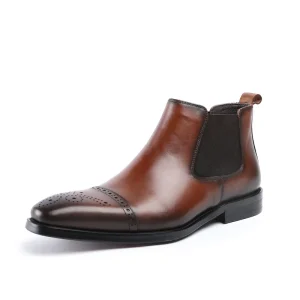 Men’s Sleeve Short Boots British Pointed Carved Genuine Leather Business Formal High Top Leather Shoes