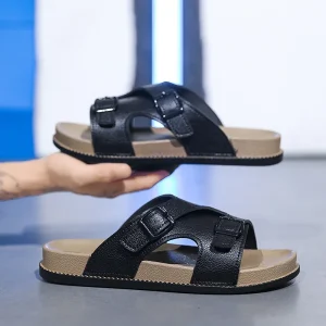 Men’s Slides Casual Comfortable Leather Sandals Summer Dual-Purpose Indoor Use Resistant Slip Outdoor Sports Sandals