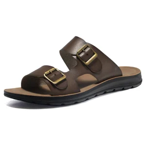 Men’s Slides Slippers Outdoor Slide Sandals Beach Shoes Flats Outside Sliders Open toe Flats Sport Leather Low top Summer