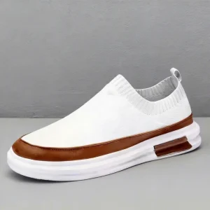 Men’s Solid Fly Knit Breathable Light Soft Flat Sneakers Slip-On Sports Walking Shoes Spring Summer Autumn