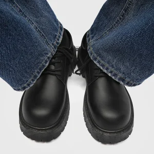 Men’s Spring Casual Retro Lace Up Solid PU Thick Sole Height Increasing Derby Dress Shoes British Style Black Wide Foot