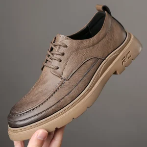Men’s Spring Solid Casual Leather Shoes Cowhide Hand Stitched Fashion Casual