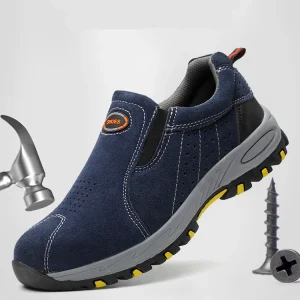 Men’s Steel Toe Safety Shoes Basic Black with Light Blue Winter Construction Factory Work Rubber Insole