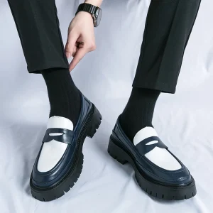 Men’s Stylish Black Genuine Leather High Top Loafers White Accents Comfortable Slip On Casual Shoes Everyday Commuting Outdoor
