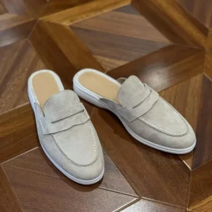 Mens Suede Leather Mule Loafers Imported Sheepskin Slip-On Flat Backless Penny Shoes, Closed Toe Casual Comfort Slides
