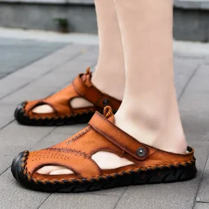 Men’s Summer Buckle Slip-On Durable Closed Toe Solid Sandals All Seasons Casual Beach Shoes Korean Style Student Outdoor