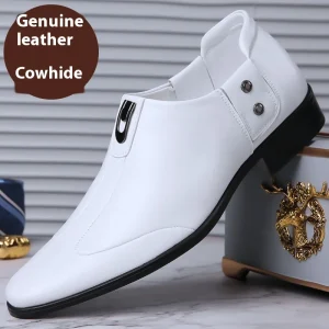 Men’s Summer Business Dress Shoes British Style Pointed Toe Leather All-Match White Wedding Groom Slip-On Footwear