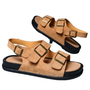 Men’s Summer Casual Sandals with Frosted PU Soft Sole and EVA Insole Anti Slip Platform Outside Beach Shoes Metal Buckle