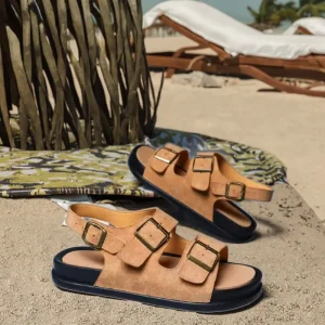 Men’s Summer Casual Sandals with Frosted PU Soft Sole and Metal Buckle Anti Slip Platform Outdoor Beach Shoes