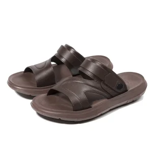 Men’s Summer Cow Leather Sandals Slip-On Two-Wear Slippers with Open Toe and Solid Pattern Soft Soles Beach Shoes