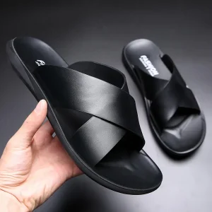 Men’s Summer Flat Sandals Casual Cross Slide-on PU Comfortable Open Toe Anti-slip Solid Pattern