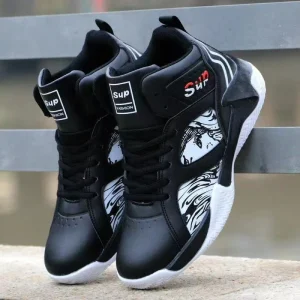 Men’s Summer High-top Lace-up Basketball Shoes Waterproof Heightening Fashionable Trendy Casual Running Sneakers PU Upper PVC