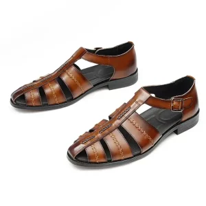 Men’s Summer Large Size Round Toe Genuine Leather Flip Flops Breathable Slip Resistant Anti Microbial Business Casual Sandals