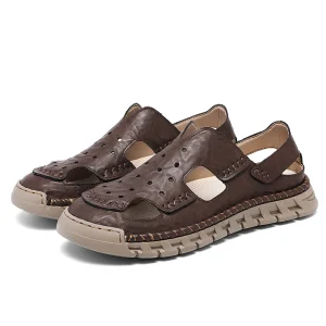 Men’s Summer Microfiber Leather Flat Sandals Breathable Casual Beach Shoes Soft Bottom Cushioning Slip On PU Flexible Leopard
