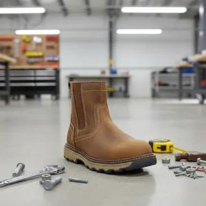 Men’s Summer Outdoor Safety Work Shoes Anti-Impact Steel Toe Pull on Work Boot with Leather Upper Material