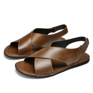 Men’s Summer Outdoor Sandals Breathable Handmade Leather Flats for Walking Hiking Beach Sport Closed Toe Slip-on Closure