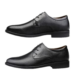 Men’s Summer Pointed Toe Lace up Breathable Height increasing Genuine Leather Business British Style Casual Thin Derby