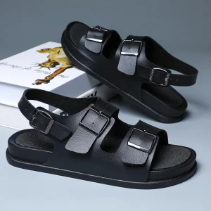 Men’s Summer Sandals Metal Frosted Leather Soft Sole Anti Slip Casual Shoes Leather