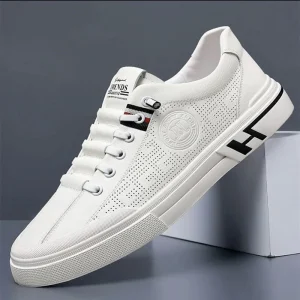 Men’s Summer Sports Sneakers Fashionable White Casual Shoes with Embossed Design Slip On Closure All Match Youth Style