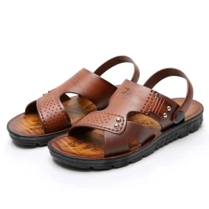 Men’s Summer Youth Beach Sandals Open-Toed Non-Slip Genuine Leather Upper Rubber Outsole Breathable Quick-Drying Dual-Purpose