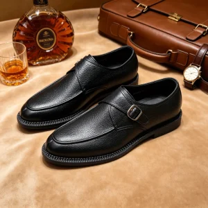Men’s Thick Sole Monk Strap Shoes Genuine Leather Formal Business Dress Shoes Classic Black Buckle Shoes