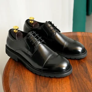 Men’s Three-Joint Glossy Leather High Top Autumn Wedding Dress Shoes Genuine Casual Business Derby Lace-Up Thick Sole
