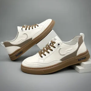 Men’s Top Grain Leather Classic White Sneakers All Match Soft Sole Casual Shoes Trendy Spring Autumn Fashion Footwear for Youth