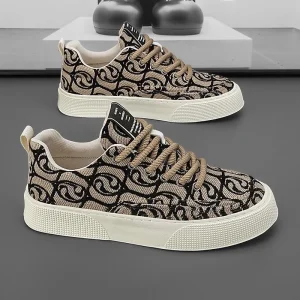 Men’s Trendy Brand Low Top Canvas Sneakers with Thick Sole and Light Feature Lace Up Closure Sports Casual Printed Shoes