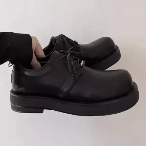 Men’s Trendy British Style Casual Commuting Derby Shoes Cowhide Leather Round Toe Thick Soled Winter Black