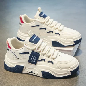 Men’s Trendy Casual Board Sneakers Breathable White Thick-Soled Sports Shoes with Lace-Up Closure Height Increasing Dad Sneakers